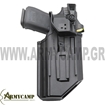 Duty Level II holster for Glock  with or without accessory.  Holster mechanism and features     Rotating hood locking system operated by the thumb. Passive retention that locks the ejection port.  An Internal rattle-free polymer spring.  A QuickLock Belt loop attachment designed for a Duty 2.25".  Weight 213g (750oz)  Designed to fit Glock 19/17 with or without light/laser.        Ergonomic  The thumb release mechanism act as an imitation of the natural way of gripping the firearm.  It's located where the thumb wants to grab the pistol grip and engage by pressing it toward the gun as if you were grabbing it without the holster.  The proprietary QuickLock belt loop attachment rides very close to the hip, providing a nimble - agile feel that reduces sideways collisions.     Fits  Glock 19, 19X, 17  Light: TLR7, Tru Point,  Red dot sights: MEPRO MicroRDS,     Materials  Three types of Polymer materials, some reinforced with glass beads, stainless steel springs, and synthetic thigh straps.  How to use?      The LE2 holster has two parts. MEX2 - belt attachment, and LE2 – level 2 holster.     1.      Place The MEX2 at 3 o'clock (or 6 for LH users).  2.      Buckle up the thigh strap.  3.      Slide the LE2 holster onto the MEX2 rails until it clicks.  4.      Lock the LE2 holster onto the MEX2 using the latch, as shown in the illustration.  5.      Holster your firearm.  6.      Close the holster's hood until it locks with an audible click.  7.      To unholster, push the thumb release button towards the holster with the same motion as if you were gripping your pistol.  8.      The holster includes a passive retention mechanism. Draw fast and decisive, in an upwards motion.  9.      To release the LE2 holster from the MEX2, first remove your gun from the holster.  10.    Unlock the MEX2 latch with your index finger with an upward motion. The latch is located in the middle section of the MEX2 at the inside of the holster. It can only be reached from the inside of the holster.  11.    Once unlocked, push the locking lever underneath while pulling the holster up.