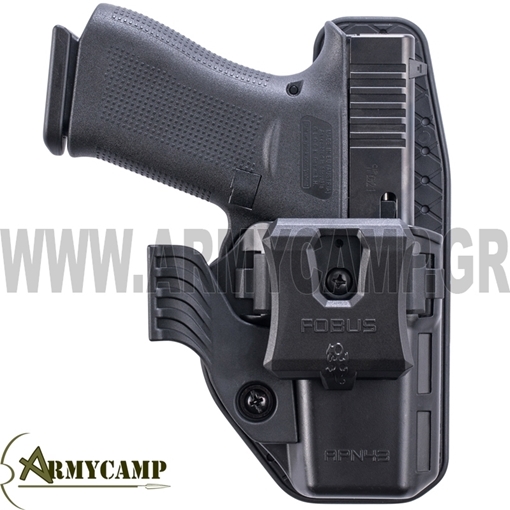 APN43 FOBUS HOLSTER IWB and OWB holster for Glock 43 & 43X (rails version not included) APN43 Holster IWB and OWB holster for Glock 43 & 43X (rails version not included) About the Holster APN is an IWB and OWB holster designed for appendix carry or standard I/OWB carry on your waist. The holster is offered with an adjustment screw for accurate retention pressure and personal preference; a belt clip/J hook that allows five cant positions with a simple turn clockwise/counterclockwise; a sweat guard to buffer between the firearm and your body, to assist with better purchase of the firearm and to offer a degree of ventilation, without allowing sweat to pass to the slide of your firearm (the sweat guard is detachable and you may use the holster without it); a concealment wing (available for right-handed only) to push the grip of your firearm towards your body for less 'printing' (also removable); a rigid paddle that enables to carry the holster as OWB; and finally, the holster is ambidextrous and may be switched to left-hand use without any tools required. The APN holster is highly concealable, very lightweight, completely washable, ventilated, highly durable, it is contoured for maximum comfort, and is extremely convenient for every day concealed carry. How to use IWB and OWB holster for Glock 43 & 43X (rails version not included) Place the holster inside your pants, in a location of your preference. The holster may be used for appendix carry or for standard IWB carry on your waist. Make sure the belt clip is outside your pants and over your belt, while its lower hook is catching the belt from underneath. If using a paddle, make sure to dismantle the belt clip, sweat-guard, and concealment wing first. Then click the paddle into the sweat-guard location. Place the holster on your hip and make sure the paddle is pushed all the way down on your belt. *The J hook is discontinued Technical Information Holster Material: a mixture of mold injected Polymers. Passive retention with adjustment screw: Fobus passive retention system acts like a spring on the trigger guard area and holds the gun firmly in place. ΝΕΑΣ ΓΕΝΝΙΑΣ ΚΑΙ ΣΧΕΔΙΑΣΗΣ FOBUS ΠΙΣΤΟΛΟΘΗΚΗ ΓΙΑ GLOCK 43, 43X ΧΩΡΙΣ ΡΑΓΕΣ ΦΟΡΙΕΤΑΙ ΤΟΣΟ ΩΣ ΕΞΩΤΕΡΙΚΗ ΘΗΚΗ ΟΠΛΟΥ ΟΣΟ ΚΑΙ ΩΣ ΕΣΩΤΕΡΙΚΗ ,ΔΥΟ ΣΕ ΕΝΑ ΠΡΟΪΟΝ  ΚΑΤΑΣΚΕΥΑΣΜΕΝΗ ΑΠΟ ΠΟΛΥΜΕΡΙΚO ΑΘΡΑΥΣΤΟ ΥΛΙΚΟ RX-18  ΑΝΑΤΟΜΙΚΗ ΠΛΑΤΗ ΔΙΑΤΡΗΤΗ ΓΙΑ ΑΝΕΣΗ ΚΑΙ ΑΠΟΒΟΛΗ ΤΟΥ ΙΔΡΩΤΑ ΔΥΝΑΤΟΤΗΤΑ ΡΥΘΜΙΣΗΣ ΚΛΙΣΗΣ ΣΕ ΠΕΝΤΕ ΘΕΣΕΙΣ ΣΤΡΕΦΟΝΤΑΣ ΚΑΤΑ ΤΗΝ ΦΟΡΑ ΤΟΥ ΡΟΛΟΓΙΟΥ ΑΝΑΛΥΤΙΚΟ ΦΥΛΑΛΔΙΟ ΧΡΗΣΗΣ ΜΕ ΦΩΤΟ ΣΤΑ ΑΓΓΛΙΚΑ ΠΑΘΗΤΙΚΗΣ ΑΣΦΑΛΕΙΑΣ ,ΡΥΘΜΙΣΗ ΕΝΤΑΣΗΣ ΑΠΑΣΦΑΛΙΣΗΣ ΜΕ ΒΙΔΑ ΣΕ ΔΙΑΦΟΡΕΣ ΕΠΙΛΟΓΕΣ ΦΑΡΔΟΥΣ ΓΙΑ ΑΝΑΡΤΥΣΗ ΣΤΗΝ ΠΟΛΙΤΙΚΗ ΣΑΣ ΖΩΝΗ Ή ΣΤΗΝ ΕΞΑΡΤΥΣΗ ΣΑΣ   ΑΜΙΦΙΔΕΞΙΑ ,ΓΙΝΕΤΑΙ ΕΥΚΟΛΑ ΚΑΙ ΑΡΙΣΤΕΡΟΧΕΙΡΑ ΧΩΡΙΣ ΧΡΗΣΗ ΕΡΓΑΛΕΙΩΝ ΣΦΑΛΙΑΡΑ ΜΙΝΙ ΝΕΑΣ ΓΕΝΝΙΑΣ ΣΥΜΠΕΡΙΛΑΜΒΑΝΕΤΑΙ ΕΦ΄ ΟΡΟΥ ΖΩΗΣ ΕΓΓΥΗΣΗ ΚΑΛΗΣ ΛΕΙΤΟΥΡΓΙΑΣ MADE IN  ISRAEL