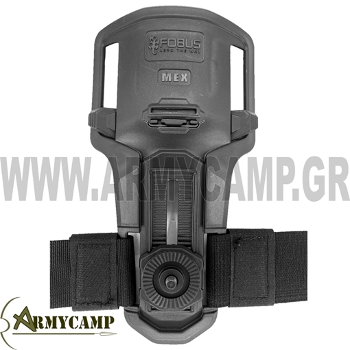 Low-Ride Rotating Belt Holder  MEX-S with IDF's elastic removable strap is compatible with all Fobus Holsters & Pouches with a rotating system (RT). Polymer low-ride rotating belt holder, compatible with all Fobus Holsters & Pouches with a rotating system (RT).   Attachment of your holster/pouch to the MEX-S is done by a simple Phillips screw.  MEX-S allows for numerous choices of height for your holster/pouch, by a simple manual turn of a cogwheel/gear located at the back of the MEX-S.  The MEX-S fits three different belt widths, 1.25", 1.5" and 2.25".