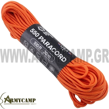 550 Paracord nylon  100ft orange 550 Paracord - Color  (100ft) is a durable, approximately 30 meters long, seven-strand survival cord with a tensile strength of 250 kg (550 lbs) and 4 mm in diameter. The characteristic weave pattern used in its production gives the impression of constantly changing colors. The seven-strand structure allows you to use tens of meters of thin cords that will be essential when building a shelter or repairing outdoor equipment. However, the 550 Paracord is worth having not only when you’re out in the woods but also at home or in the garage, where it will help with minor renovation works. This cord should form the basis of your EDC equipment. Thanks to the materials used, it is resistant to rust, mildew and UV. It wont lose its color even during long-term use. Manufactured in the USA by Atwood Rope MFG - one of the largest 550 paracord producers. With their multi-stage quality tests, you can be sure that these cords will not disappoint you in everyday use and in critical situations. 550 Paracord nylon  100ft features :  Diameter - 5/32" (4mm) Tensile Strength - 550 lb. (249 kg) 7 Strand Core Lightweight & Strong Color will not run or bleed UV, Rot, Mildew Resistant Made in the USA